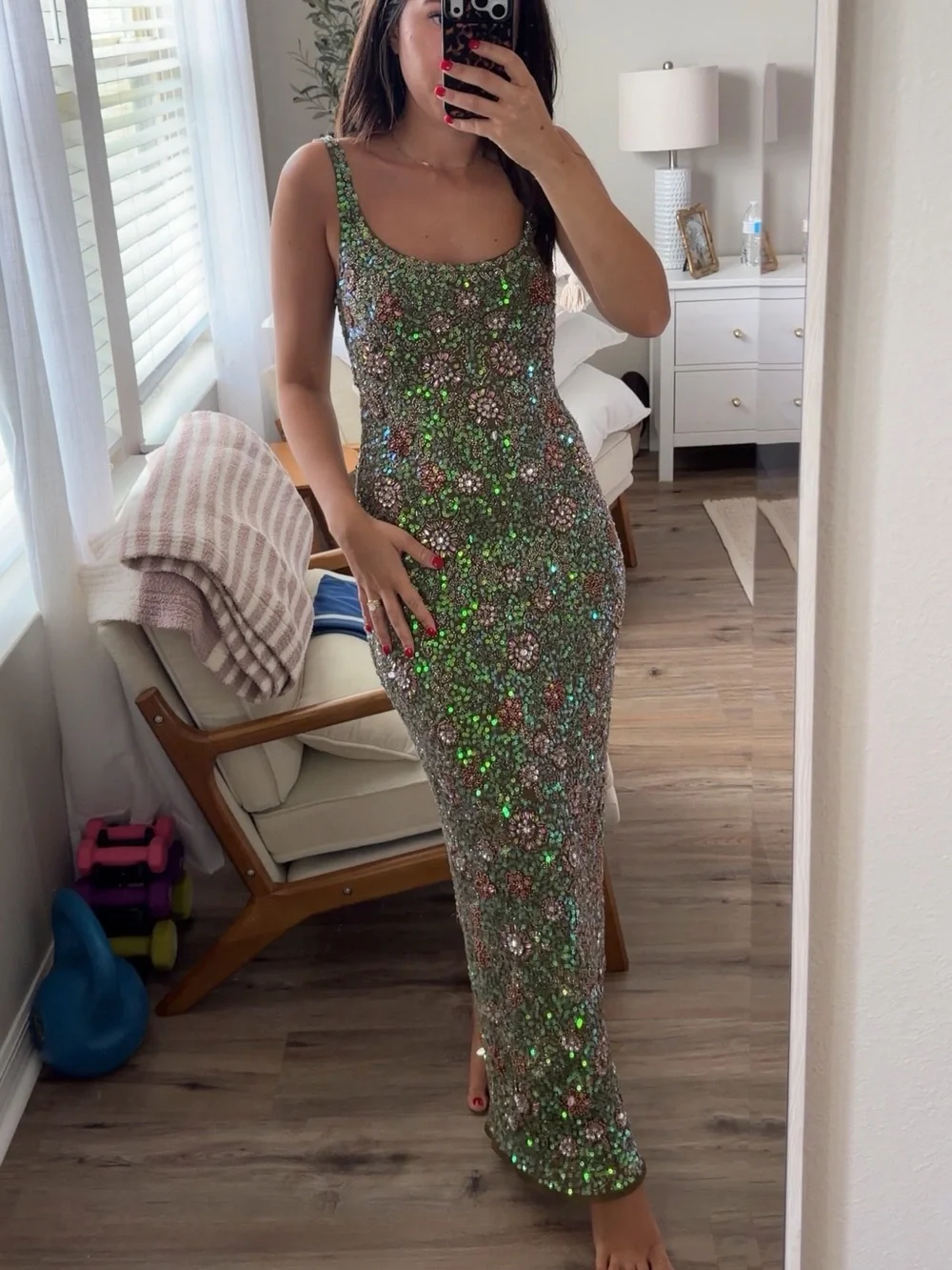 Mac Duggal Green Sleeveless Hand Embellished Floral Maxi Dress Size 2 - Picture 3 of 3